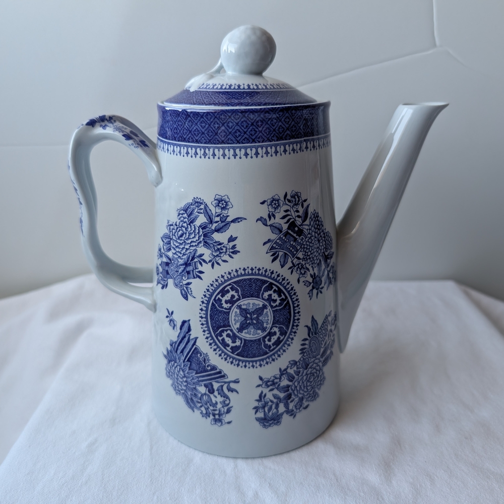 Spode Fitzhugh Blue Embossed Floral Coffee Pot With Lid Discontinued Vintage